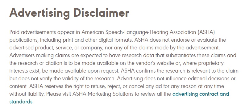 ASHA Advertising Disclaimer