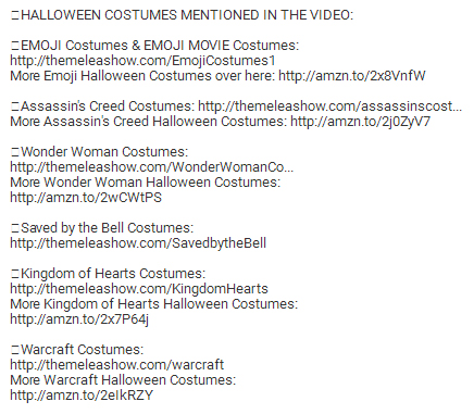 Screenshot of The Melea Show YouTube video description for video about top Halloween costumes of 2017
