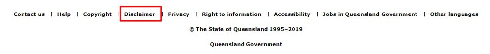 Queensland Government website footer with disclaimer link highlighted