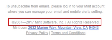 Mint's email copyright notice