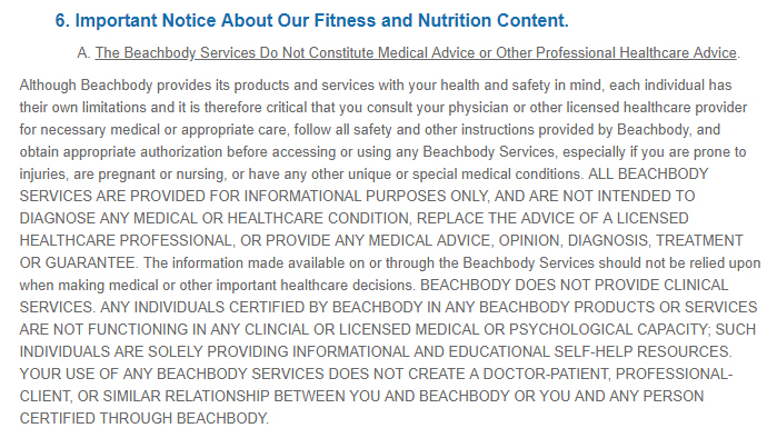 Beachbody Terms of Use: Health Disclaimer