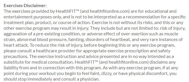 HealthFIT Exercises Disclaimer