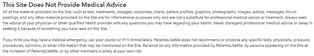 PatientsLikeMe Medical Advice Disclaimer