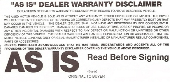 Auto Dealer Supplies As Is Warranty disclaimer