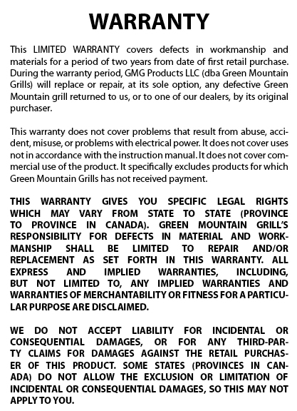 Green Mountain Grills Limited Warranty