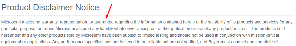 Microsemi Product Disclaimer Notice excerpt with Guarantee highlighted