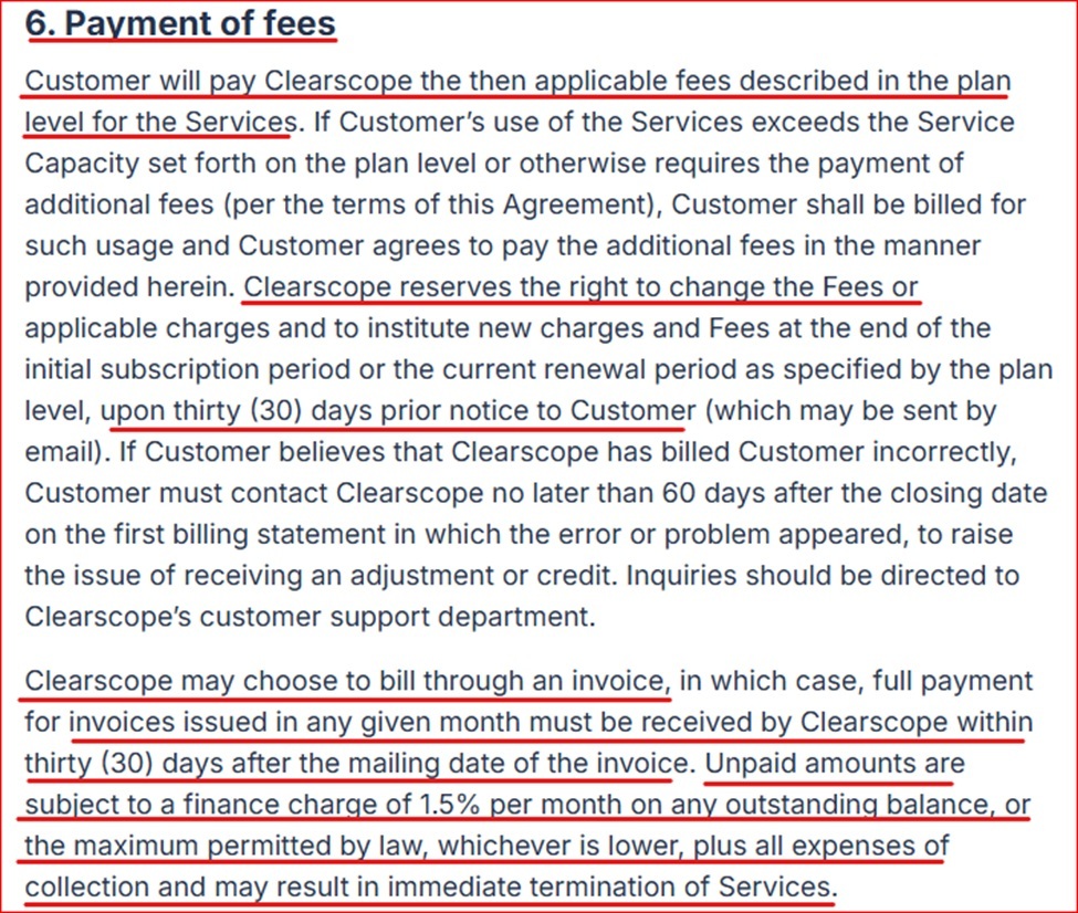 ClearScope Terms payment clause