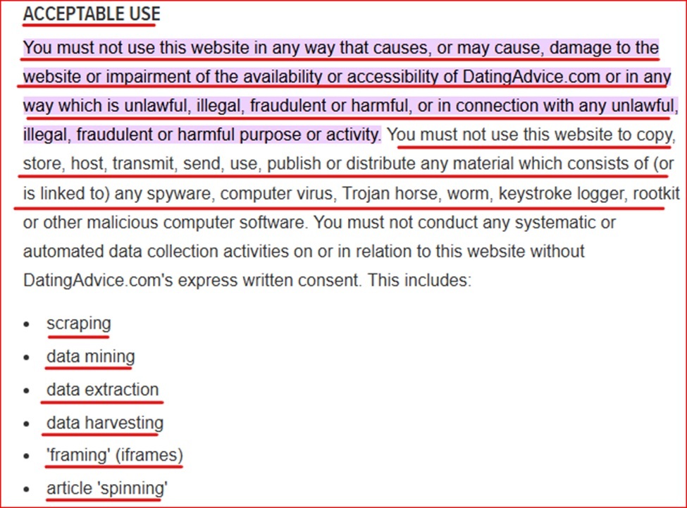DatingAdvice Terms and Conditions acceptable use clause