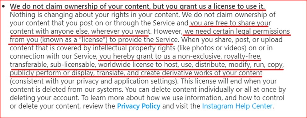 Instagram Terms content license clause