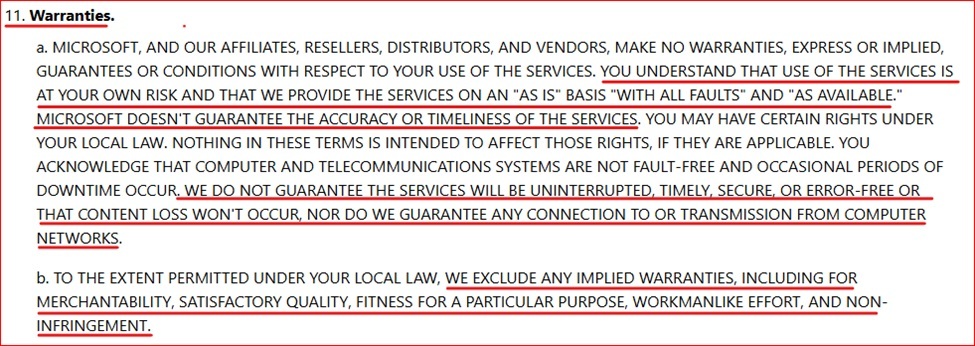 Microsoft Terms warranties clause
