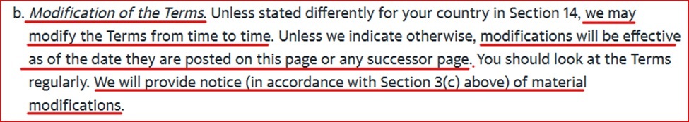 Yahoo Terms modification clause