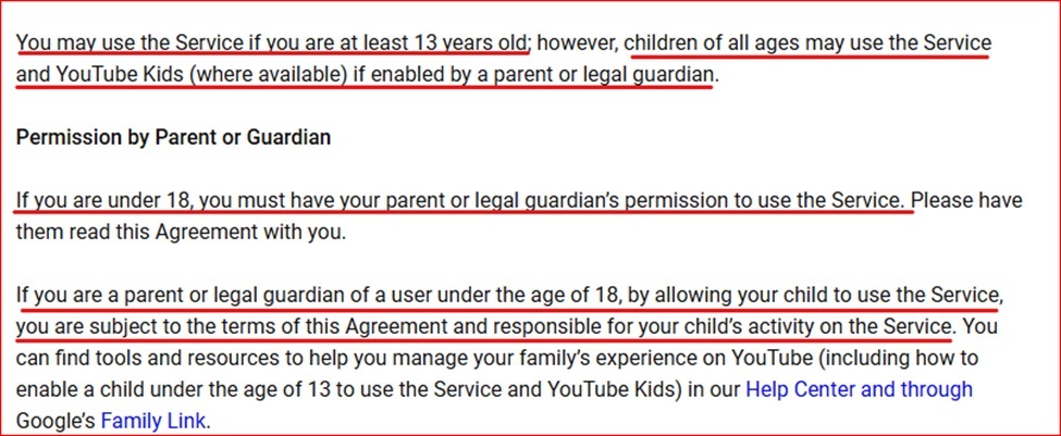 YouTube Terms parent consent clause
